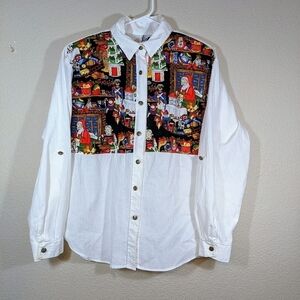 Vintage 90s Tap & Co Santa’s Workshop Tapestry Panel Button Down Blouse M